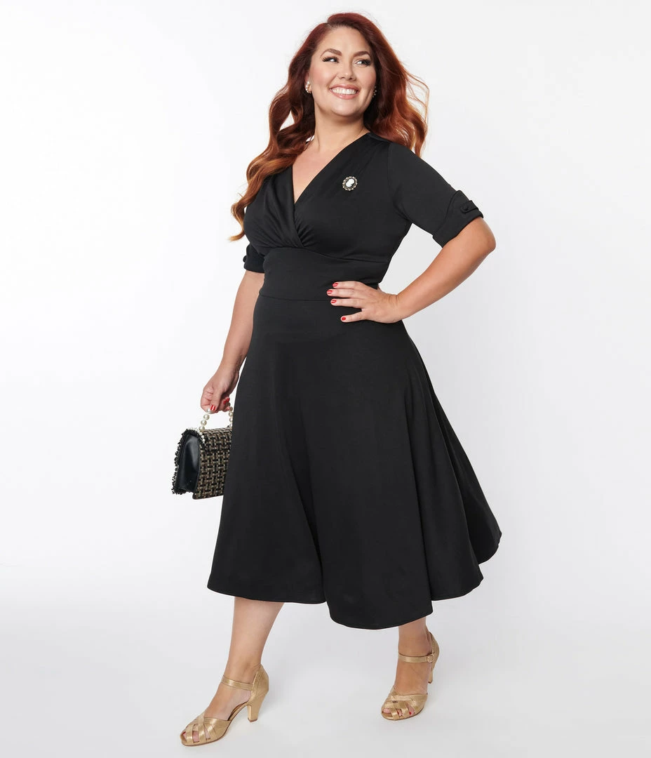 Unique Vintage Plus Size Black Knit & Cameo Brooch Delores Swing Dress