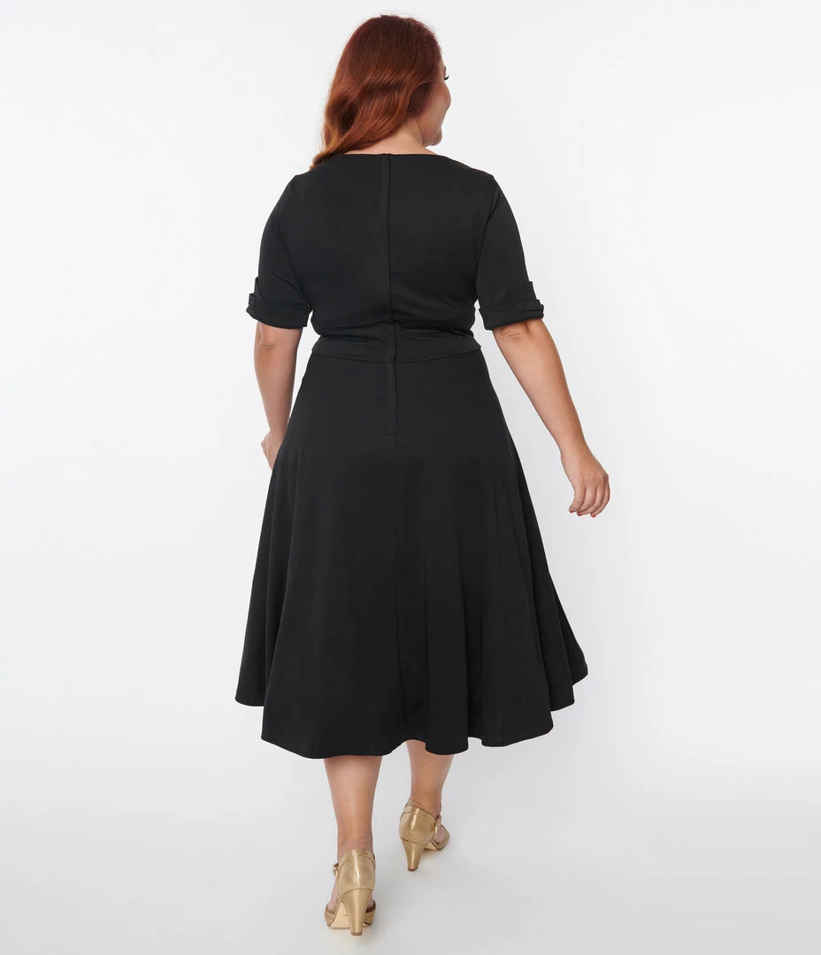 Unique Vintage Plus Size Black Knit & Cameo Brooch Delores Swing Dress
