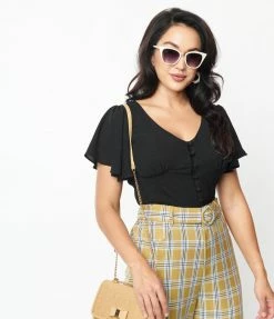 Unique Vintage Black Flutter Sleeve Blouse Trending