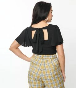 Unique Vintage Black Flutter Sleeve Blouse Trending