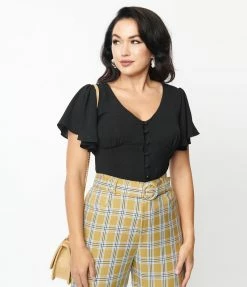 Unique Vintage Black Flutter Sleeve Blouse Trending