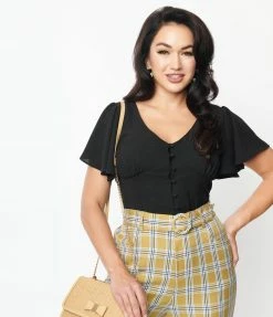 Unique Vintage Black Flutter Sleeve Blouse Trending