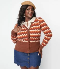 Unique Vintage Plus Size Multi Brown Chevron Cardigan Clothing