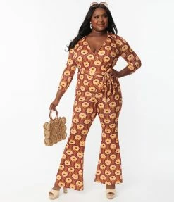 Wrap Unique Vintage Plus Size Rust Orange & Yellow Daisy Daze Print Jumpsuit