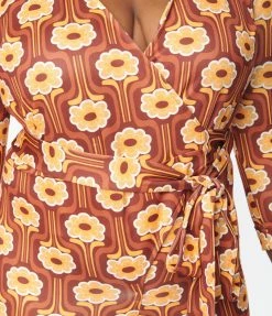 Wrap Unique Vintage Plus Size Rust Orange & Yellow Daisy Daze Print Jumpsuit