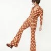 Unique Vintage Rust Orange & Yellow Daisy Daze Print Jumpsuit