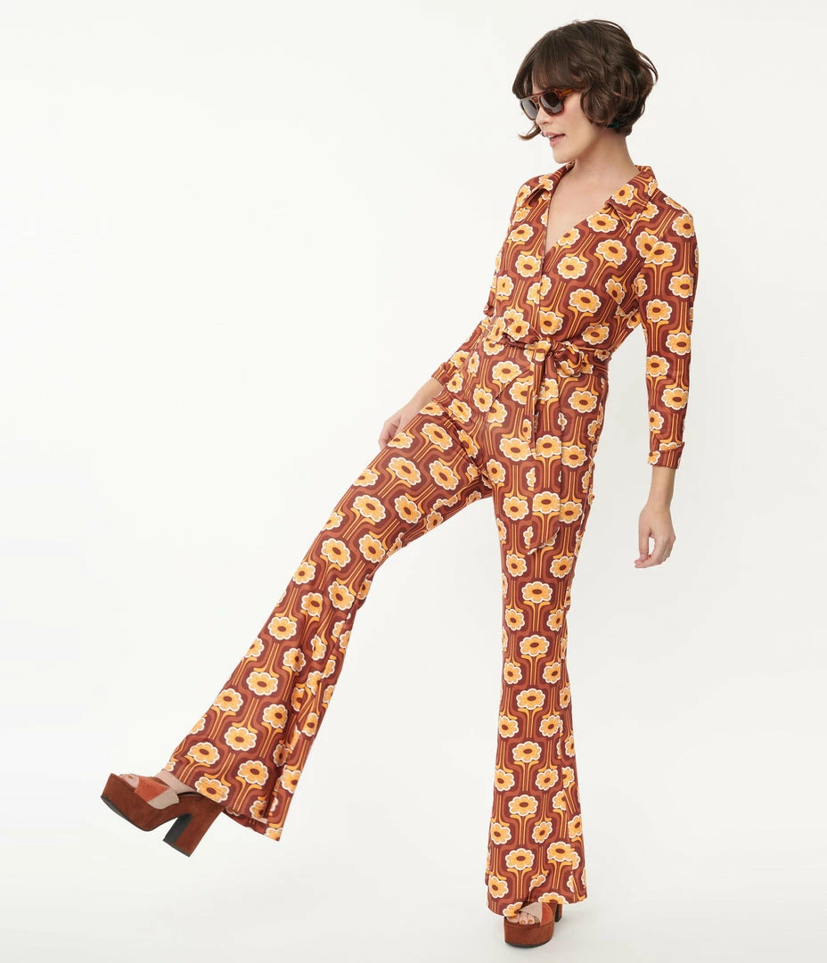 Unique Vintage Rust Orange & Yellow Daisy Daze Print Jumpsuit