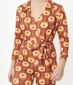 Unique Vintage Rust Orange & Yellow Daisy Daze Print Jumpsuit