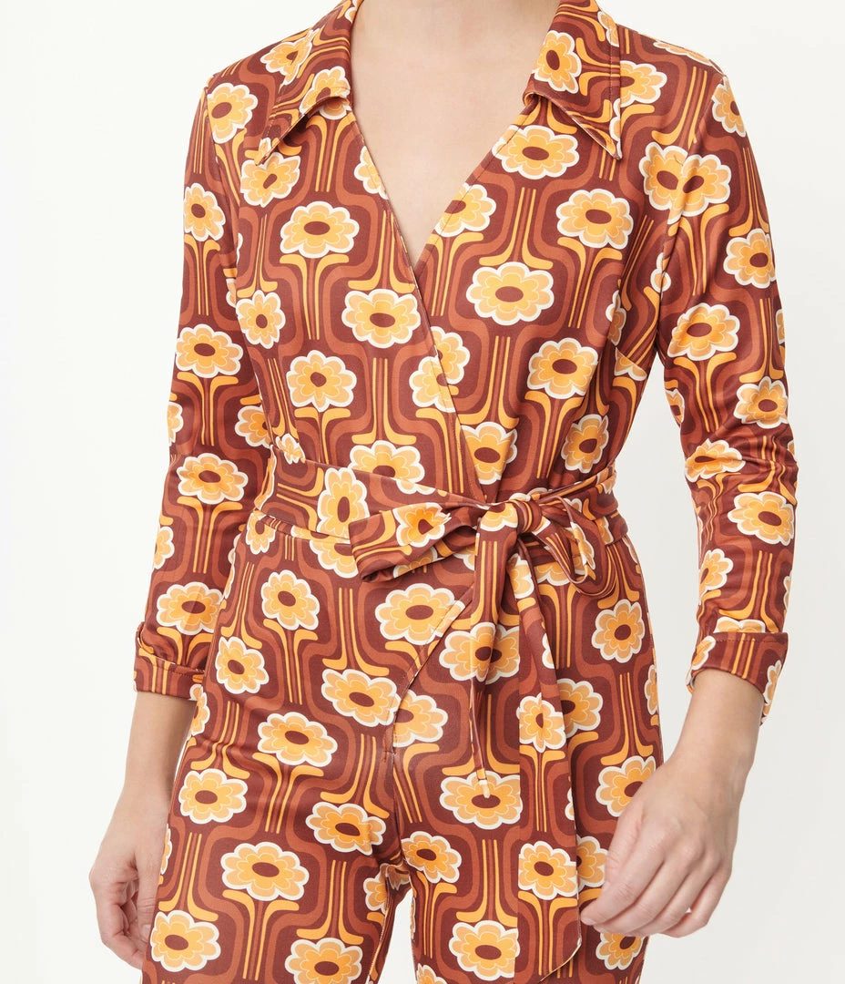 Unique Vintage Rust Orange & Yellow Daisy Daze Print Jumpsuit