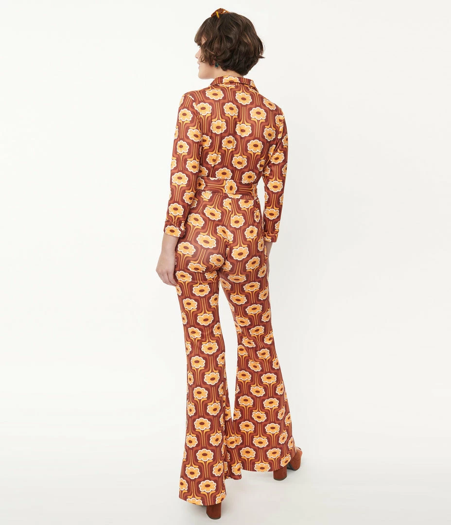 Unique Vintage Rust Orange & Yellow Daisy Daze Print Jumpsuit