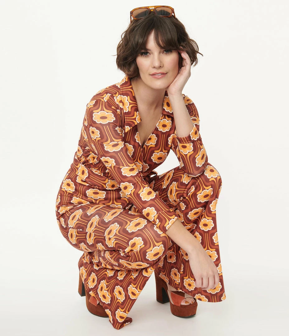 Unique Vintage Rust Orange & Yellow Daisy Daze Print Jumpsuit