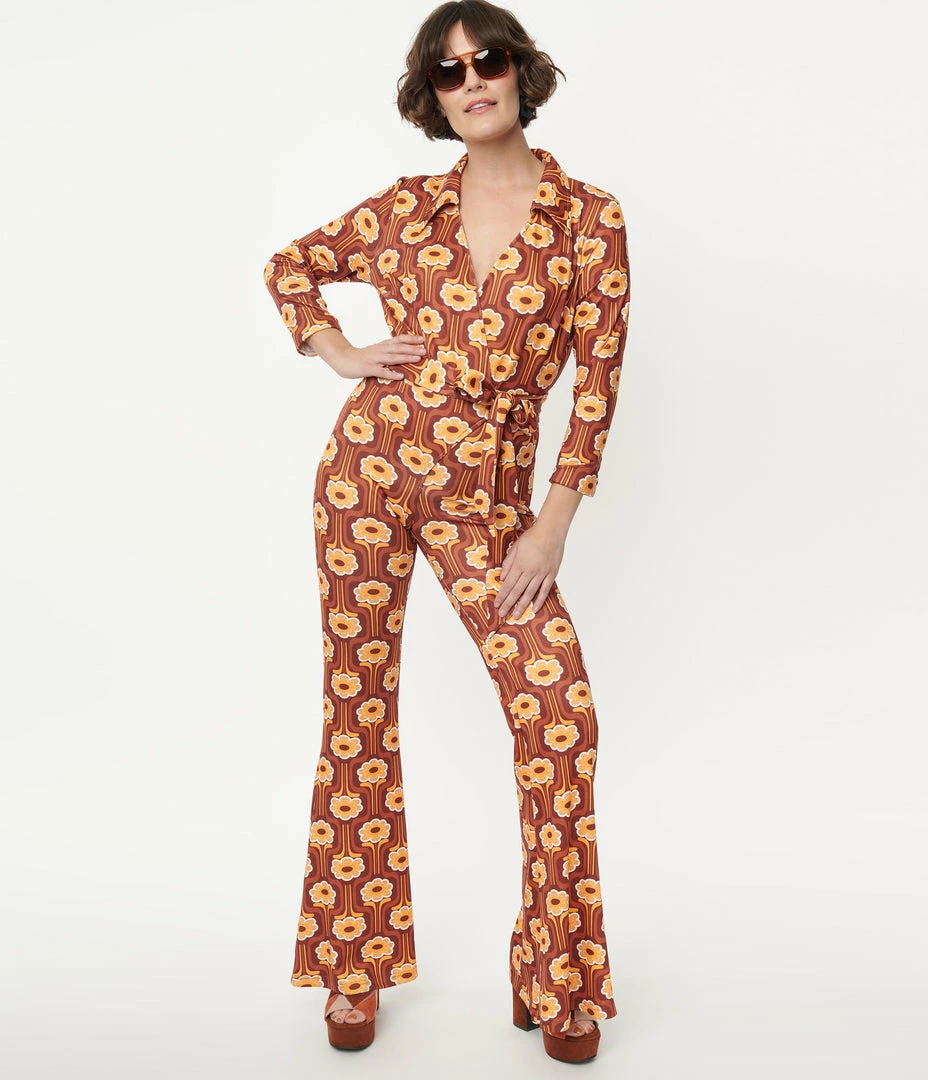 Unique Vintage Rust Orange & Yellow Daisy Daze Print Jumpsuit