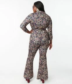 Trending Unique Vintage Plus Size Navy Paisley Print Jumpsuit