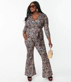 Trending Unique Vintage Plus Size Navy Paisley Print Jumpsuit