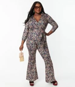 Trending Unique Vintage Plus Size Navy Paisley Print Jumpsuit