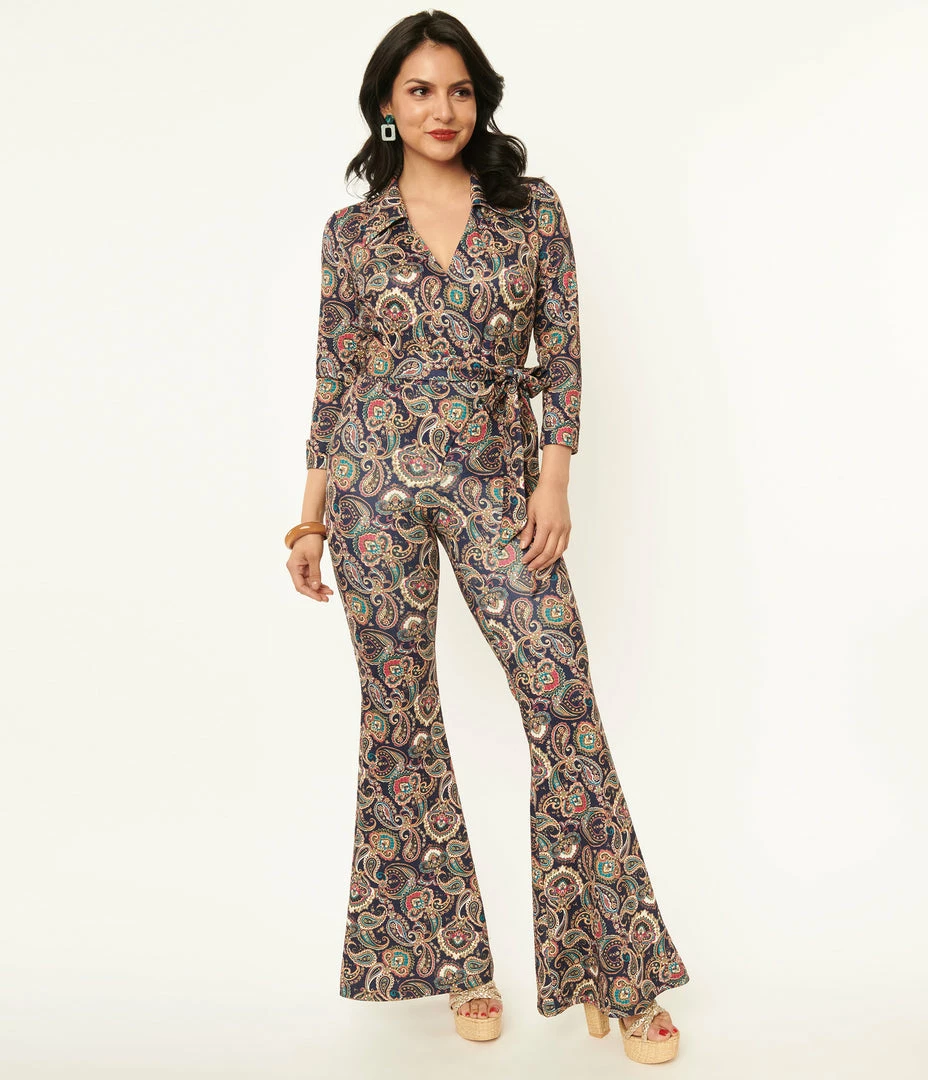 Trending Unique Vintage Navy Paisley Print Jumpsuit