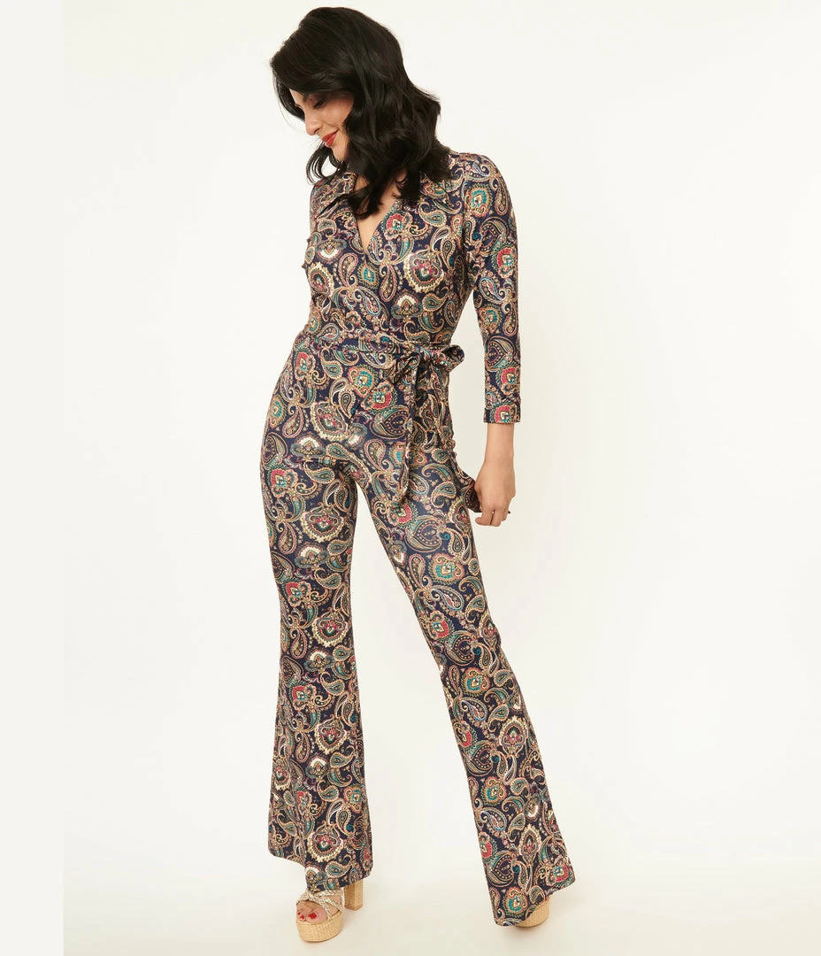 Trending Unique Vintage Navy Paisley Print Jumpsuit