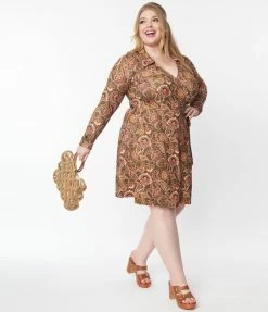 Trending Unique Vintage Plus Size Olive & Mustard Paisley Print Wrap Dress