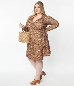 Trending Unique Vintage Plus Size Olive & Mustard Paisley Print Wrap Dress