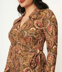 Unique Vintage Olive & Mustard Paisley Print Wrap Dress