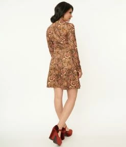Unique Vintage Olive & Mustard Paisley Print Wrap Dress