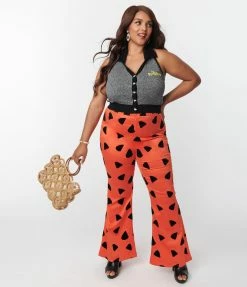 Flintstones X Smak Parlour Plus Size Orange & Black Leopard Spots Print Flare Pants Clothing