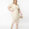 New Arrivals! Unique Vintage Plus Size 1920s Cream Sequin Flutter Sleeve Flapper Dress