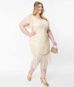 New Arrivals! Unique Vintage Plus Size 1920s Cream Sequin Flutter Sleeve Flapper Dress