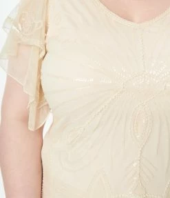 New Arrivals! Unique Vintage Plus Size 1920s Cream Sequin Flutter Sleeve Flapper Dress