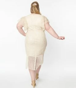New Arrivals! Unique Vintage Plus Size 1920s Cream Sequin Flutter Sleeve Flapper Dress