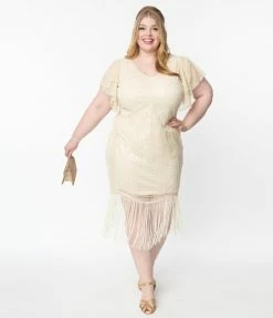 New Arrivals! Unique Vintage Plus Size 1920s Cream Sequin Flutter Sleeve Flapper Dress