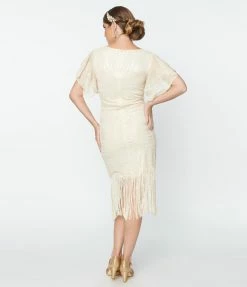 Clothing Unique Vintage 1920s Cream Sequin Flutter Sleeve Flapper Dress