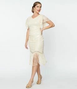 Clothing Unique Vintage 1920s Cream Sequin Flutter Sleeve Flapper Dress