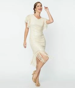 Clothing Unique Vintage 1920s Cream Sequin Flutter Sleeve Flapper Dress