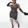 New Arrivals! Unique Vintage Plus Size 1920s Black & Silver Sequin Flapper Dress