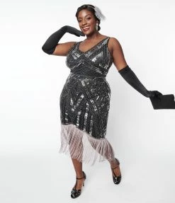 New Arrivals! Unique Vintage Plus Size 1920s Black & Silver Sequin Flapper Dress