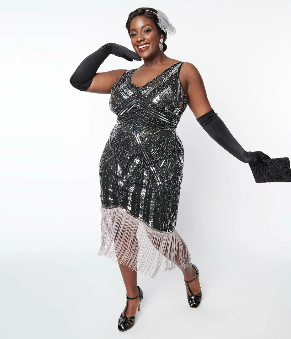 New Arrivals! Unique Vintage Plus Size 1920s Black & Silver Sequin Flapper Dress