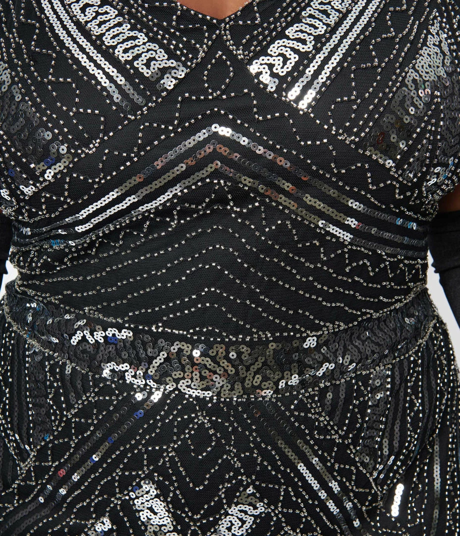 New Arrivals! Unique Vintage Plus Size 1920s Black & Silver Sequin Flapper Dress