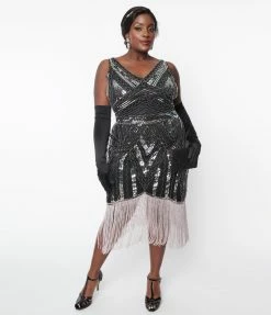 New Arrivals! Unique Vintage Plus Size 1920s Black & Silver Sequin Flapper Dress