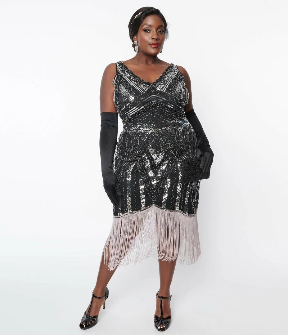 New Arrivals! Unique Vintage Plus Size 1920s Black & Silver Sequin Flapper Dress