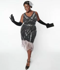 New Arrivals! Unique Vintage Plus Size 1920s Black & Silver Sequin Flapper Dress