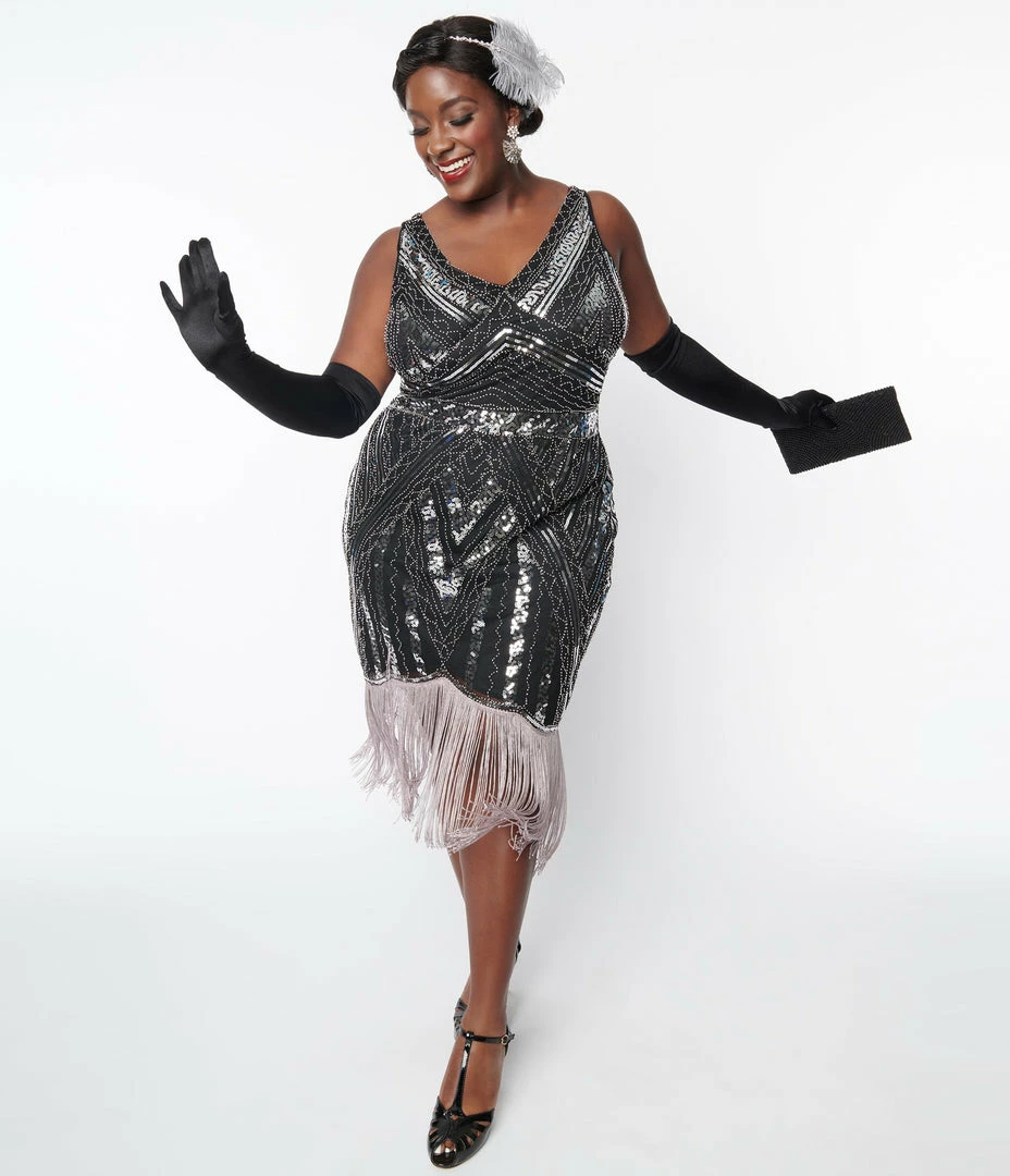 New Arrivals! Unique Vintage Plus Size 1920s Black & Silver Sequin Flapper Dress