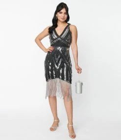 New Arrivals! Unique Vintage 1920s Black & Silver Sequin Flapper Dress