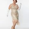 New Arrivals! Unique Vintage Plus Size 1920s Beige Beaded Asymmetrical Fringe Flapper Dress