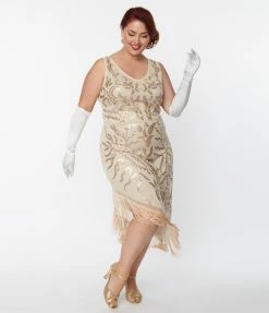 New Arrivals! Unique Vintage Plus Size 1920s Beige Beaded Asymmetrical Fringe Flapper Dress