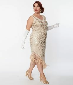New Arrivals! Unique Vintage Plus Size 1920s Beige Beaded Asymmetrical Fringe Flapper Dress