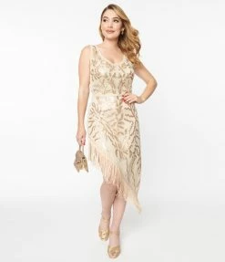 Unique Vintage 1920s Beige Beaded Asymmetrical Fringe Flapper Dress