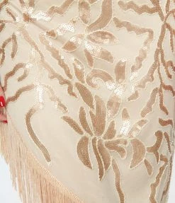 Unique Vintage 1920s Beige Beaded Asymmetrical Fringe Flapper Dress