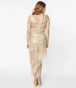 Unique Vintage 1920s Beige Beaded Asymmetrical Fringe Flapper Dress