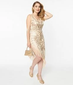Unique Vintage 1920s Beige Beaded Asymmetrical Fringe Flapper Dress